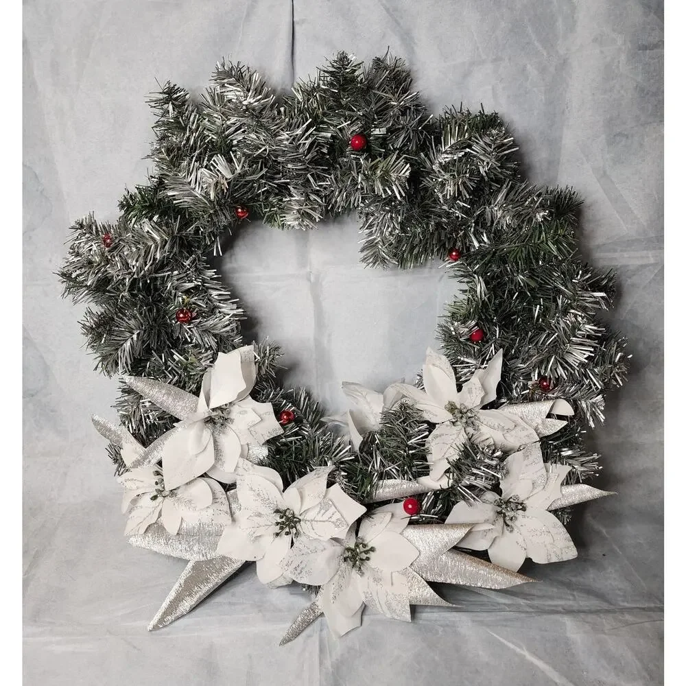 Gorgeous Winter Christmas Wreath for Front Door White Flowers Silver Ribbon 21